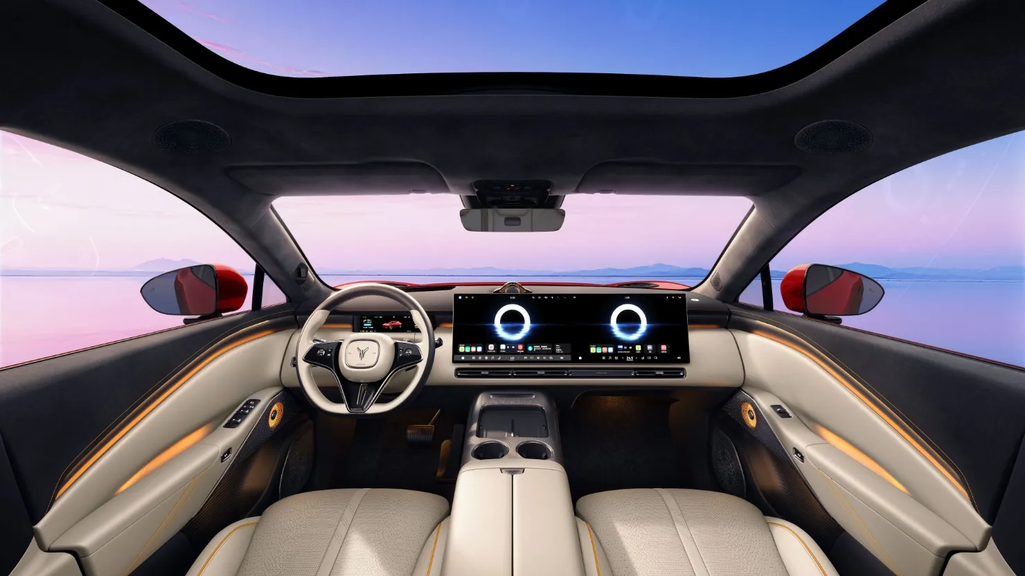 Interior beige del Voyah Passion S con doble pantalla delantera