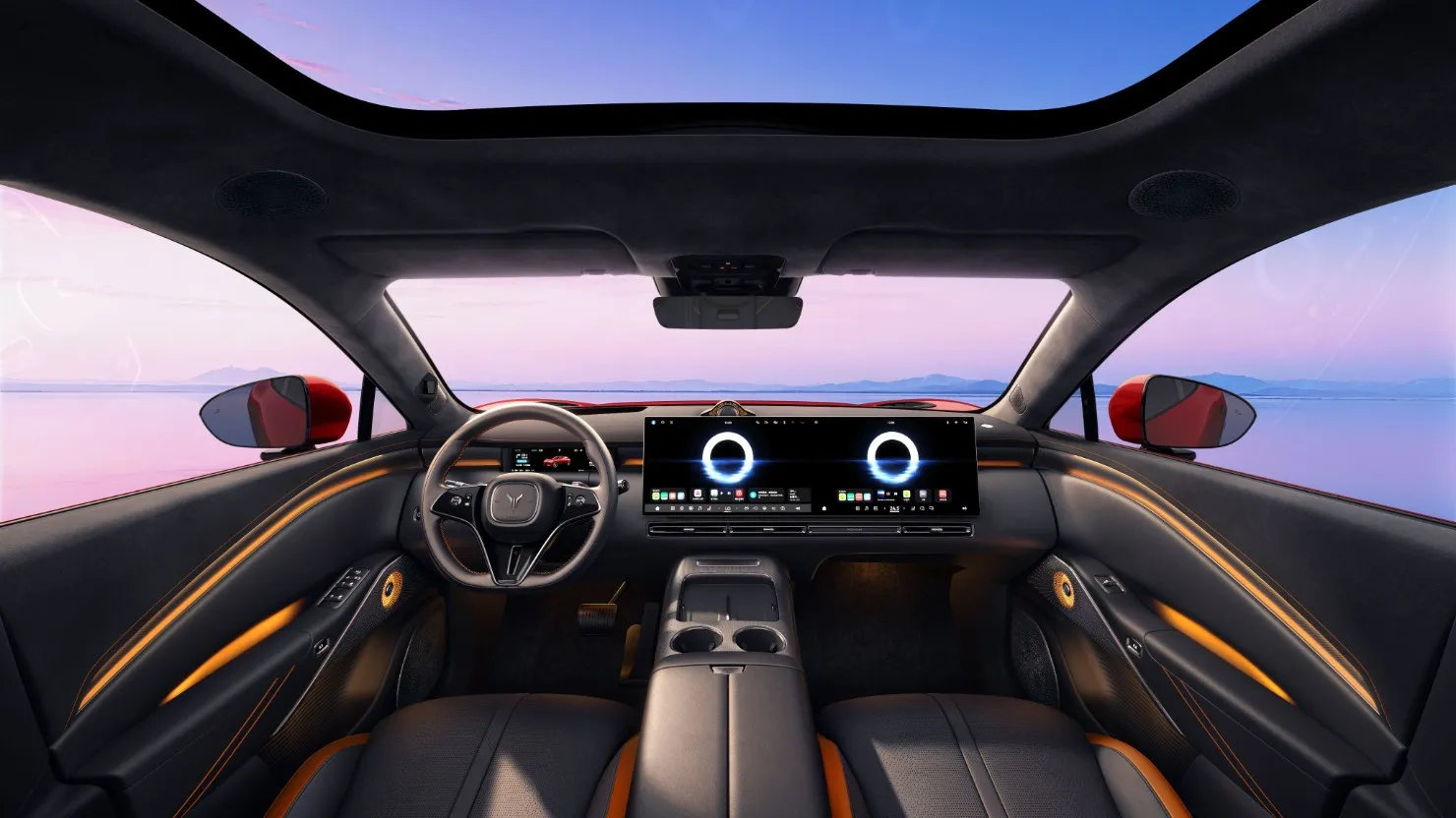 Interior negro del Voyah Passion S con doble pantalla delantera