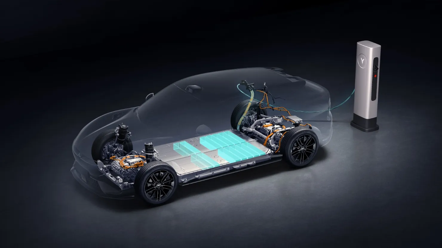 Ilustración de la batería, los motores y la plataforma eléctrica del Passion S durante la carga